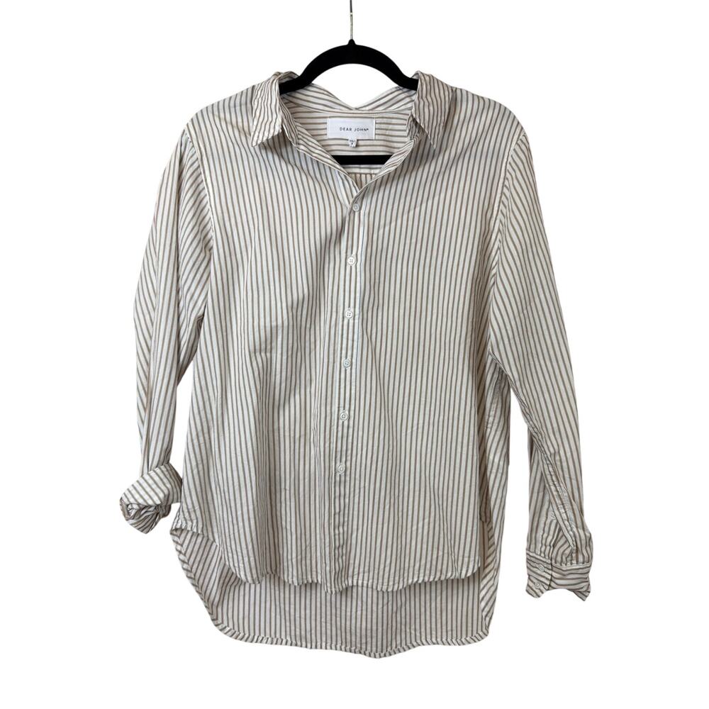 Dear John White Brown Striped Button Up Top Size S